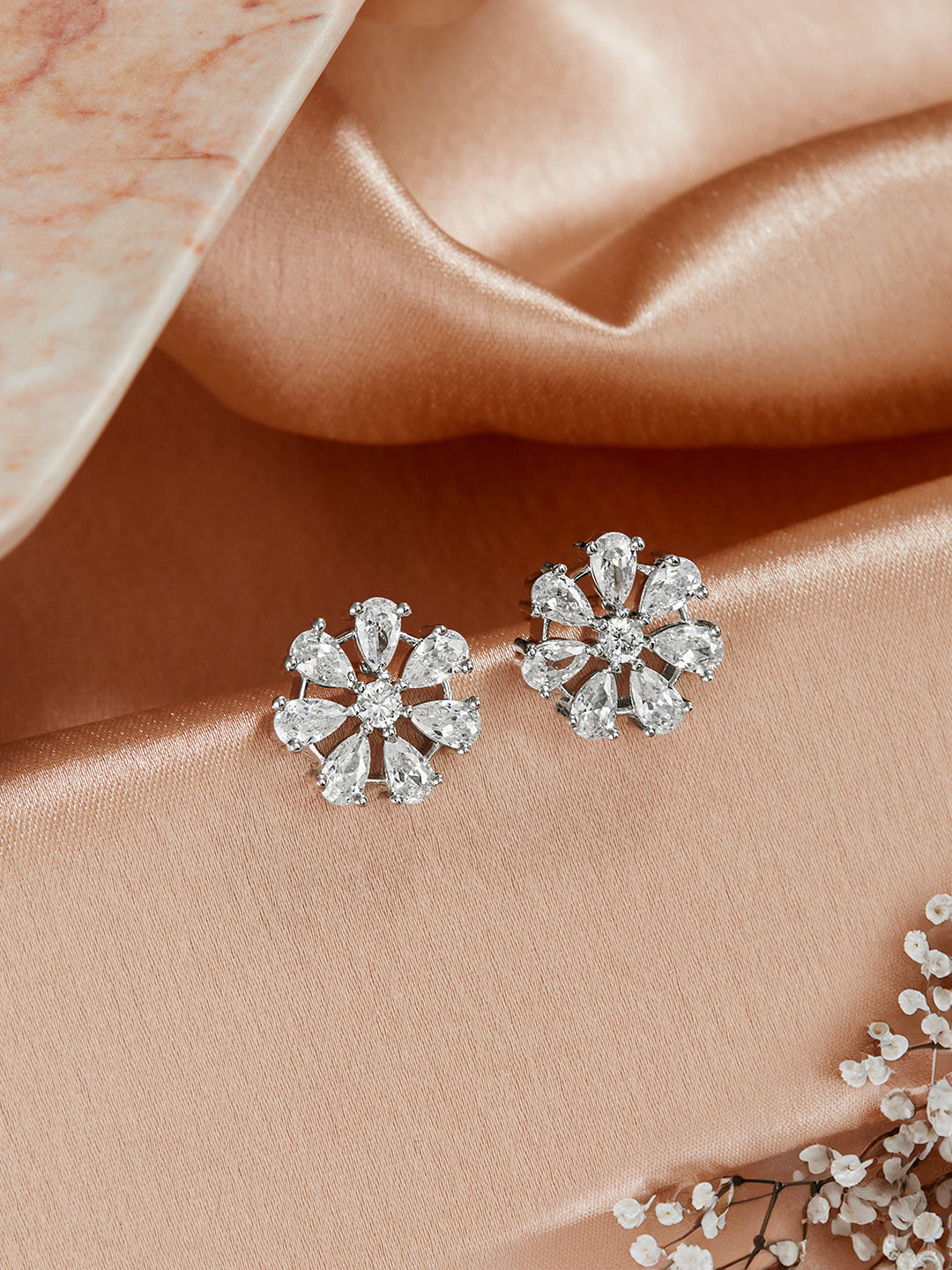 925 Sterling Silver Rhodium Plated CZ Studded Floral Studds Earrings